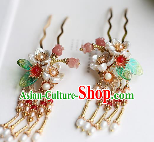 Chinese Handmade Pearls Tassel Hair Comb Traditional Ming Dynasty Princess Shell Flowers Hairpin Chinese Handmade Pearls Tassel Hair Comb Traditional Ming Dynasty Princess Shell Flowers Hairpin