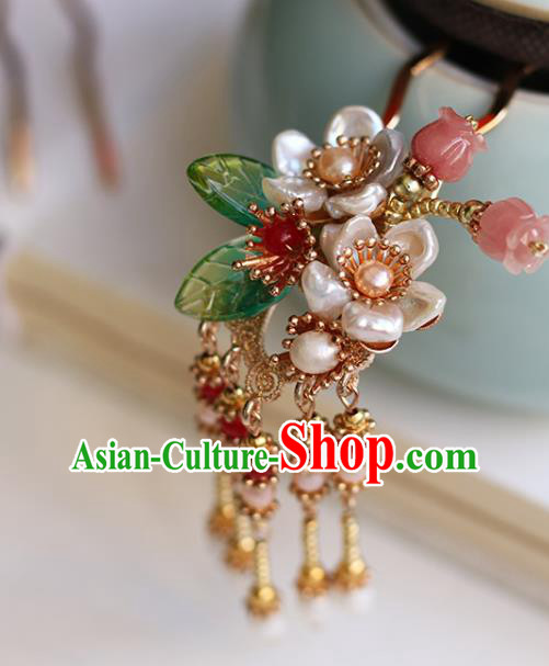 Chinese Handmade Pearls Tassel Hair Comb Traditional Ming Dynasty Princess Shell Flowers Hairpin Chinese Handmade Pearls Tassel Hair Comb Traditional Ming Dynasty Princess Shell Flowers Hairpin