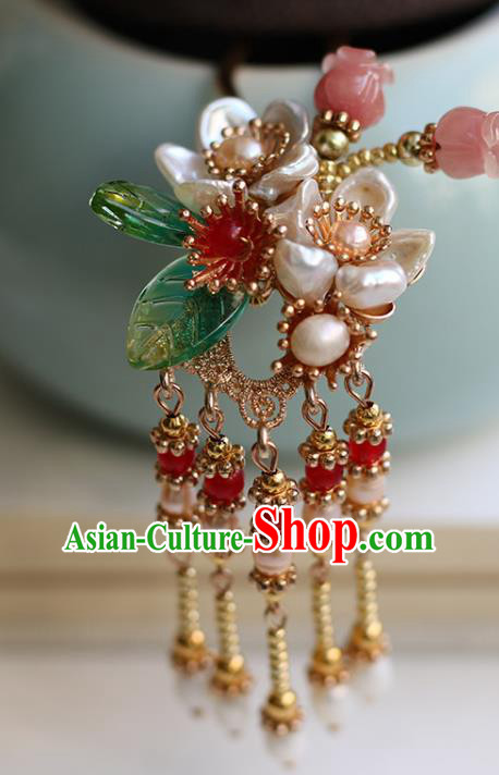 Chinese Handmade Pearls Tassel Hair Comb Traditional Ming Dynasty Princess Shell Flowers Hairpin Chinese Handmade Pearls Tassel Hair Comb Traditional Ming Dynasty Princess Shell Flowers Hairpin