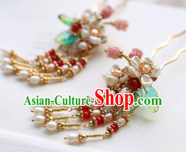 Chinese Handmade Pearls Tassel Hair Comb Traditional Ming Dynasty Princess Shell Flowers Hairpin Chinese Handmade Pearls Tassel Hair Comb Traditional Ming Dynasty Princess Shell Flowers Hairpin