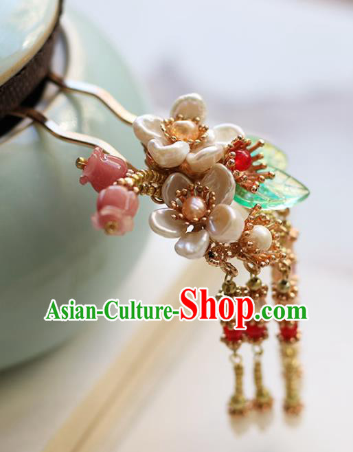 Chinese Handmade Pearls Tassel Hair Comb Traditional Ming Dynasty Princess Shell Flowers Hairpin Chinese Handmade Pearls Tassel Hair Comb Traditional Ming Dynasty Princess Shell Flowers Hairpin