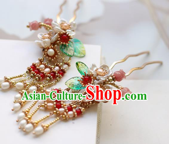 Chinese Handmade Pearls Tassel Hair Comb Traditional Ming Dynasty Princess Shell Flowers Hairpin Chinese Handmade Pearls Tassel Hair Comb Traditional Ming Dynasty Princess Shell Flowers Hairpin