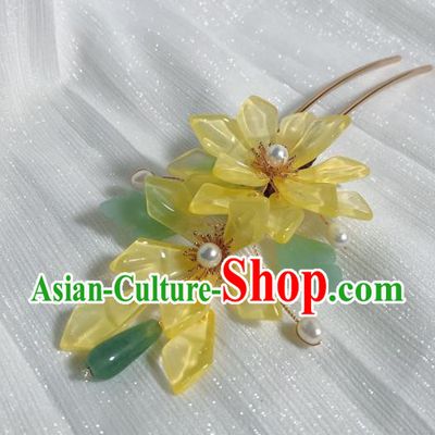 Chinese Handmade Hanfu Hairpin Traditional Ming Dynasty Palace Lady Yellow Flowers Hair Stick
