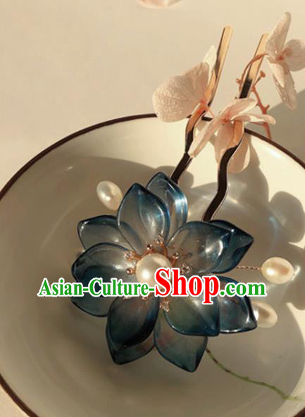 Chinese Handmade Pearls Hairpin Traditional Ming Dynasty Palace Lady Navy Lotus Hair Stick Chinese Handmade Pearls Hairpin Traditional Ming Dynasty Palace Lady Navy Lotus Hair Stick