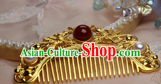 Chinese Handmade Agate Pearls Hairpin Traditional Ming Dynasty Empress Golden Hair Comb Chinese Handmade Agate Pearls Hairpin Traditional Ming Dynasty Empress Golden Hair Comb
