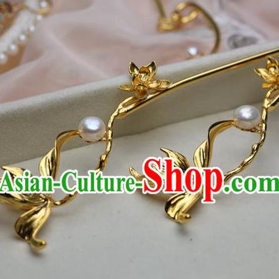 Chinese Handmade Pearls Hairpin Traditional Ming Dynasty Golden Orchid Hair Stick