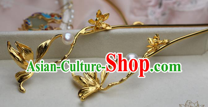 Chinese Handmade Pearls Hairpin Traditional Ming Dynasty Golden Orchid Hair Stick Chinese Handmade Pearls Hairpin Traditional Ming Dynasty Golden Orchid Hair Stick