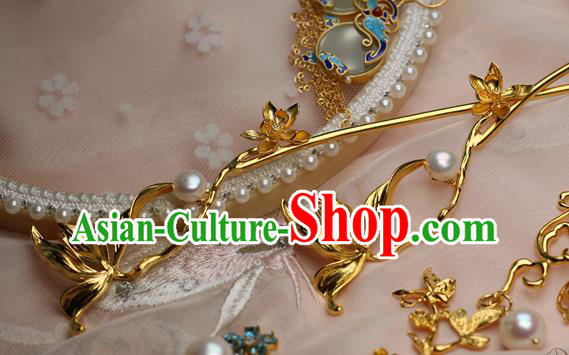 Chinese Handmade Pearls Hairpin Traditional Ming Dynasty Golden Orchid Hair Stick Chinese Handmade Pearls Hairpin Traditional Ming Dynasty Golden Orchid Hair Stick