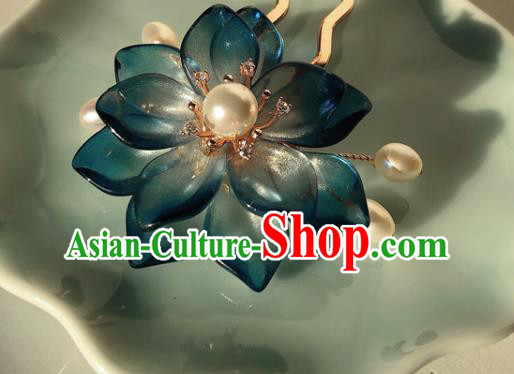 Chinese Handmade Pearls Hairpin Traditional Ming Dynasty Palace Lady Navy Lotus Hair Stick Chinese Handmade Pearls Hairpin Traditional Ming Dynasty Palace Lady Navy Lotus Hair Stick