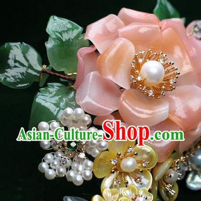 Chinese Handmade Shell Plum Hairpin Traditional Ming Dynasty Pink Rose Hair Stick
