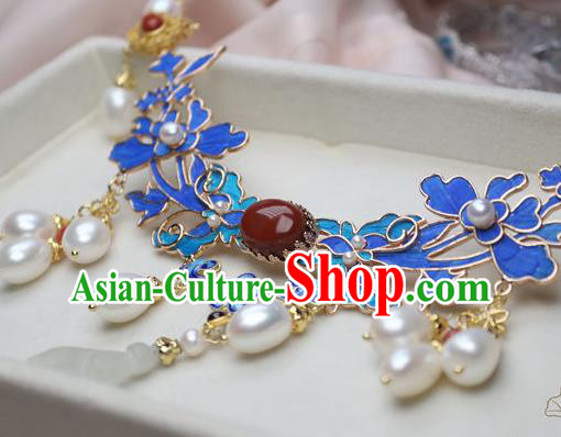 China Traditional Ming Dynasty Jade Mangnolia Tassel Necklet Accessories Handmade Hanfu Blueing Necklace China Traditional Ming Dynasty Jade Mangnolia Tassel Necklet Accessories Handmade Hanfu Blueing Necklace