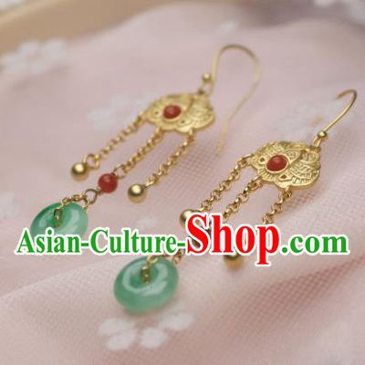 China Traditional Qing Dynasty Imperial Consort Jade Peace Buckle Earrings Ancient Empress Golden Ear Jewelry