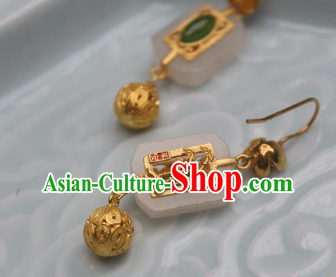 China Traditional Cheongsam White Jade Earrings Ancient Princess Golden Ear Jewelry China Traditional Cheongsam White Jade Earrings Ancient Princess Golden Ear Jewelry