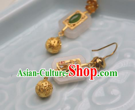 China Traditional Cheongsam White Jade Earrings Ancient Princess Golden Ear Jewelry China Traditional Cheongsam White Jade Earrings Ancient Princess Golden Ear Jewelry