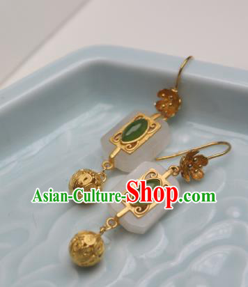China Traditional Cheongsam White Jade Earrings Ancient Princess Golden Ear Jewelry China Traditional Cheongsam White Jade Earrings Ancient Princess Golden Ear Jewelry