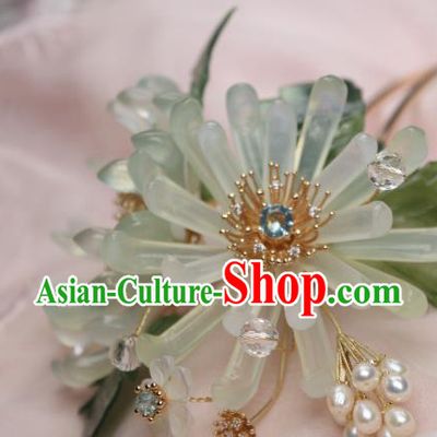 Chinese Handmade Crystal Pearls Hairpin Traditional Ancient Princess Green Chrysanthemum Hair Stick