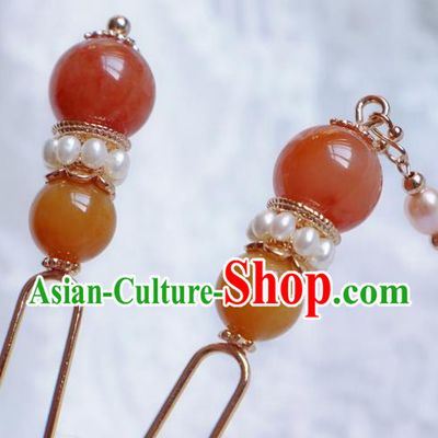 Chinese Handmade Agate Hairpin Traditional Tang Dynasty Noble Princess Pearls Tassel Hair Stick