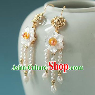 China Traditional Hanfu Pearls Tassel Earrings Ancient Ming Dynasty Princess Shell Daffodil Ear Jewelry