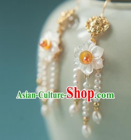 China Traditional Hanfu Pearls Tassel Earrings Ancient Ming Dynasty Princess Shell Daffodil Ear Jewelry China Traditional Hanfu Pearls Tassel Earrings Ancient Ming Dynasty Princess Shell Daffodil Ear Jewelry