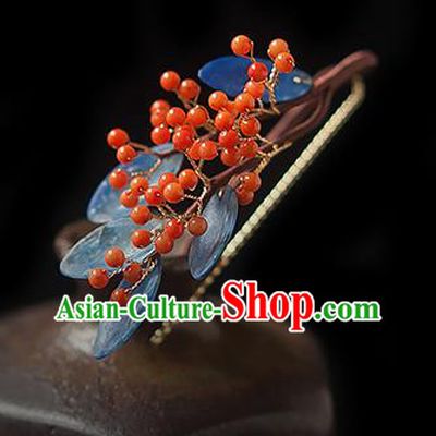 Chinese Handmade Red Berry Hair Stick Traditional Ming Dynasty Princess Blue Leaf Hairpin