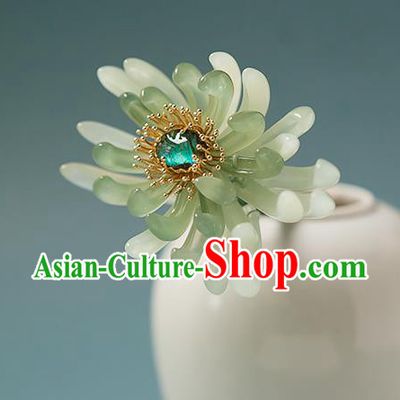 Chinese Handmade Hair Stick Traditional Ming Dynasty Empress Green Chrysanthemum Hairpin