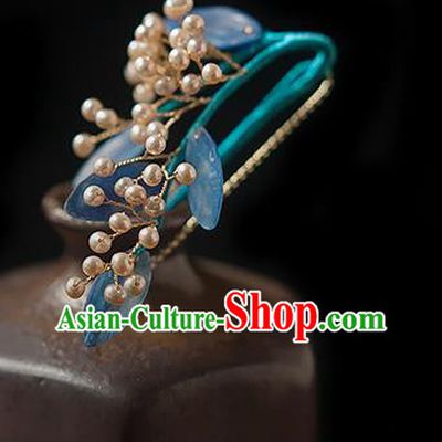 Chinese Handmade Blue Leaf Hair Stick Traditional Ming Dynasty Princess Pearls Hairpin