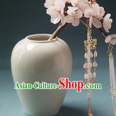 Chinese Handmade Pink Flowers Hair Stick Traditional Tang Dynasty Princess Beads Tassel Hairpin