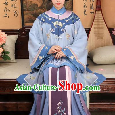 China Ancient Landlord Consort Blue Dress Garment Traditional Qing Dynasty Rich Female Clothing
