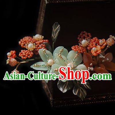 Chinese Handmade Red Beads Hair Stick Traditional Song Dynasty Princess Flowers Hairpin