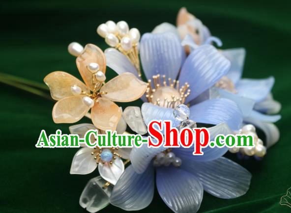 Chinese Handmade Shell Pearls Hairpin Traditional Ancient Princess Blue Lily Flowers Hair Stick Chinese Handmade Shell Pearls Hairpin Traditional Ancient Princess Blue Lily Flowers Hair Stick
