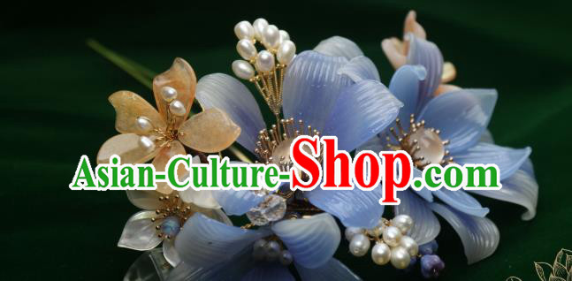 Chinese Handmade Shell Pearls Hairpin Traditional Ancient Princess Blue Lily Flowers Hair Stick Chinese Handmade Shell Pearls Hairpin Traditional Ancient Princess Blue Lily Flowers Hair Stick
