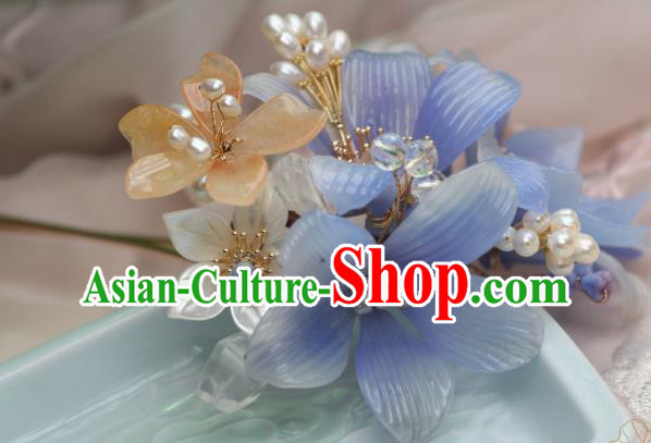Chinese Handmade Shell Pearls Hairpin Traditional Ancient Princess Blue Lily Flowers Hair Stick Chinese Handmade Shell Pearls Hairpin Traditional Ancient Princess Blue Lily Flowers Hair Stick