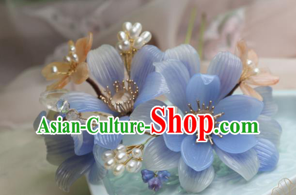 Chinese Handmade Shell Pearls Hairpin Traditional Ancient Princess Blue Lily Flowers Hair Stick Chinese Handmade Shell Pearls Hairpin Traditional Ancient Princess Blue Lily Flowers Hair Stick