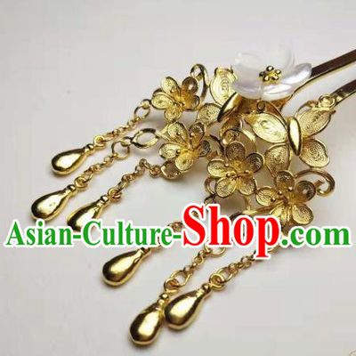 Chinese Handmade Shell Sakura Hair Stick Traditional Ancient Princess Golden Tassel Hairpin