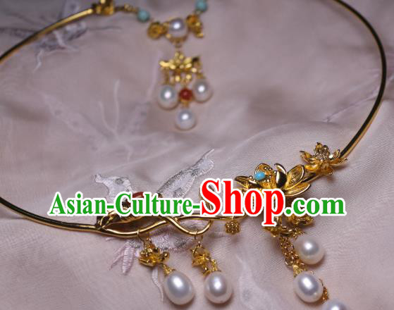 China Traditional Tang Dynasty Golden Lotus Necklet Accessories Handmade Hanfu Pearls Tassel Necklace China Traditional Tang Dynasty Golden Lotus Necklet Accessories Handmade Hanfu Pearls Tassel Necklace