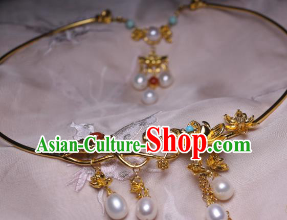 China Traditional Tang Dynasty Golden Lotus Necklet Accessories Handmade Hanfu Pearls Tassel Necklace China Traditional Tang Dynasty Golden Lotus Necklet Accessories Handmade Hanfu Pearls Tassel Necklace