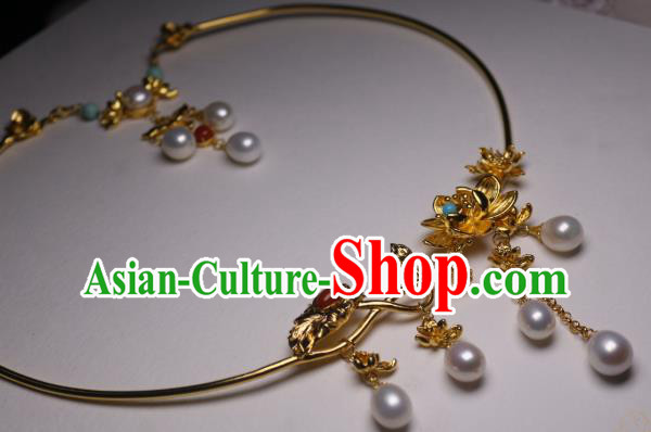 China Traditional Tang Dynasty Golden Lotus Necklet Accessories Handmade Hanfu Pearls Tassel Necklace China Traditional Tang Dynasty Golden Lotus Necklet Accessories Handmade Hanfu Pearls Tassel Necklace