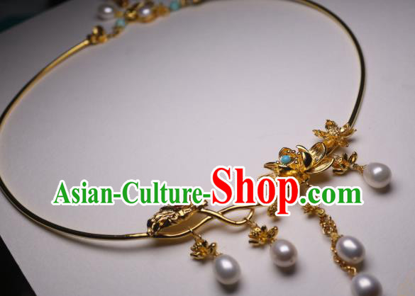 China Traditional Tang Dynasty Golden Lotus Necklet Accessories Handmade Hanfu Pearls Tassel Necklace China Traditional Tang Dynasty Golden Lotus Necklet Accessories Handmade Hanfu Pearls Tassel Necklace