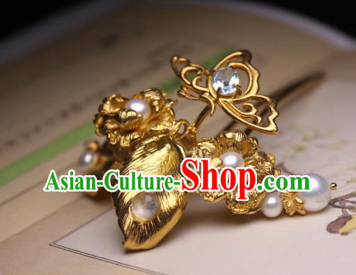 Chinese Handmade Golden Hibiscus Hair Stick Traditional Ancient Princess Pearls Hairpin Chinese Handmade Golden Hibiscus Hair Stick Traditional Ancient Princess Pearls Hairpin