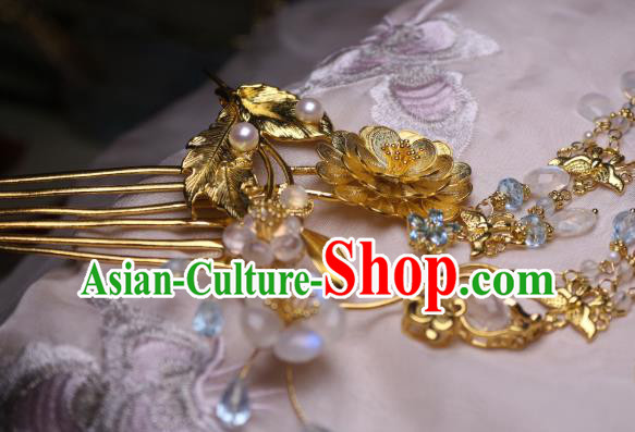Chinese Handmade Tassel Hair Comb Traditional Ancient Princess Golden Lotus Hairpin Chinese Handmade Tassel Hair Comb Traditional Ancient Princess Golden Lotus Hairpin