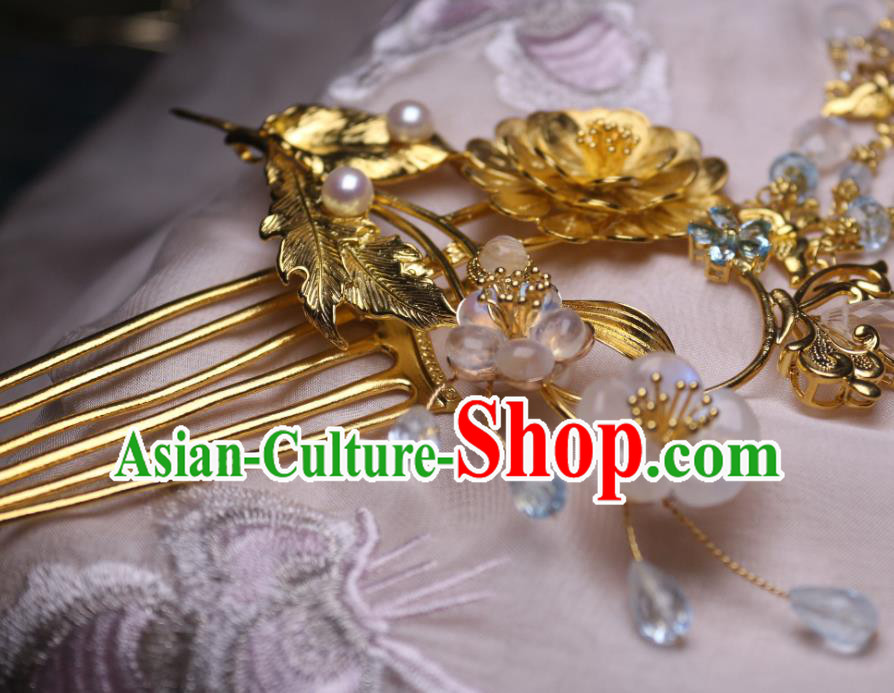 Chinese Handmade Tassel Hair Comb Traditional Ancient Princess Golden Lotus Hairpin Chinese Handmade Tassel Hair Comb Traditional Ancient Princess Golden Lotus Hairpin