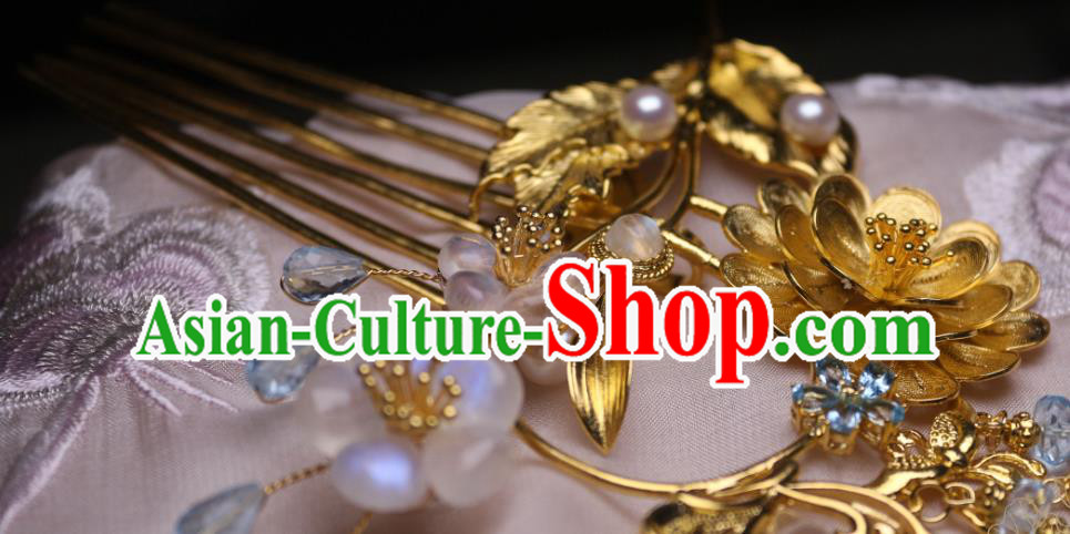 Chinese Handmade Tassel Hair Comb Traditional Ancient Princess Golden Lotus Hairpin Chinese Handmade Tassel Hair Comb Traditional Ancient Princess Golden Lotus Hairpin