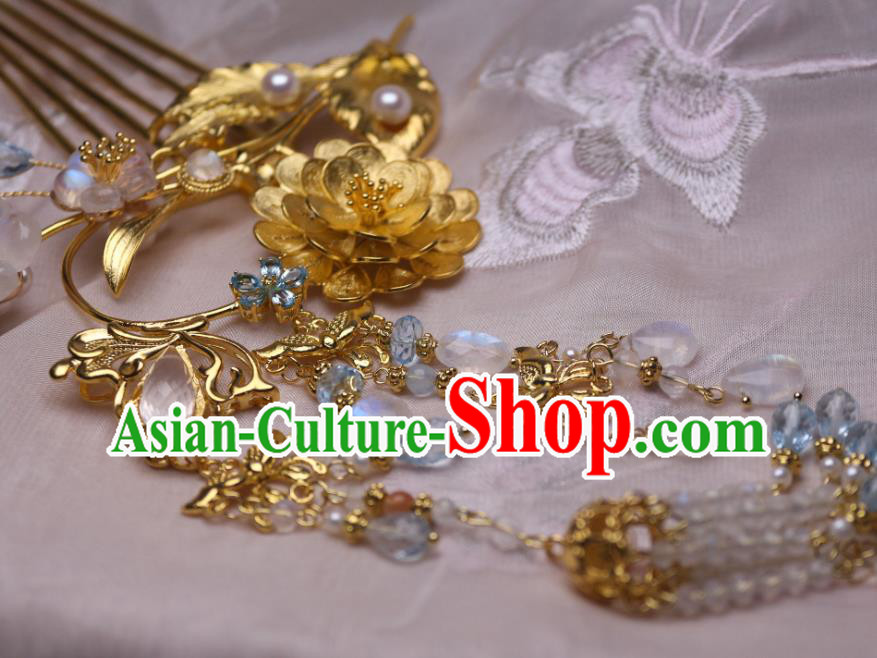 Chinese Handmade Tassel Hair Comb Traditional Ancient Princess Golden Lotus Hairpin Chinese Handmade Tassel Hair Comb Traditional Ancient Princess Golden Lotus Hairpin