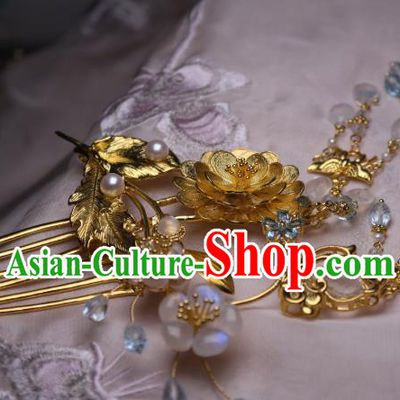 Chinese Handmade Tassel Hair Comb Traditional Ancient Princess Golden Lotus Hairpin