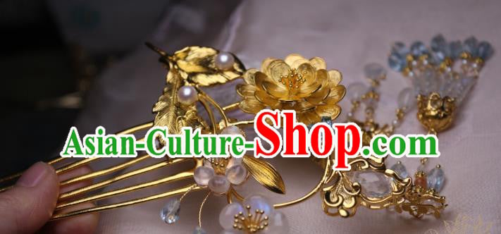 Chinese Handmade Tassel Hair Comb Traditional Ancient Princess Golden Lotus Hairpin Chinese Handmade Tassel Hair Comb Traditional Ancient Princess Golden Lotus Hairpin