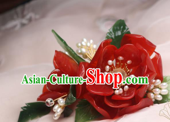 Chinese Handmade Red Camellia Hair Stick Traditional Ancient Princess Pearls Hairpin Hair Accessories Chinese Handmade Red Camellia Hair Stick Traditional Ancient Princess Pearls Hairpin Hair Accessories