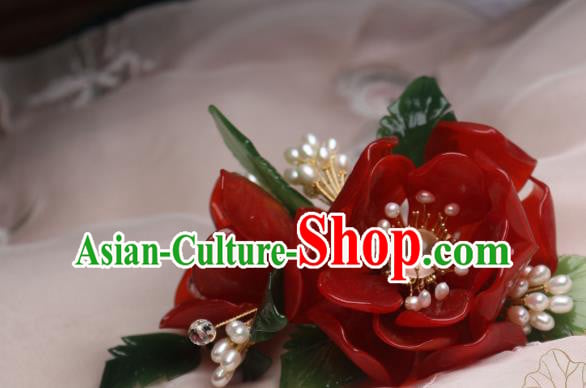 Chinese Handmade Red Camellia Hair Stick Traditional Ancient Princess Pearls Hairpin Hair Accessories Chinese Handmade Red Camellia Hair Stick Traditional Ancient Princess Pearls Hairpin Hair Accessories