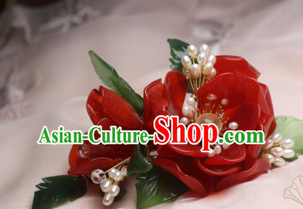 Chinese Handmade Red Camellia Hair Stick Traditional Ancient Princess Pearls Hairpin Hair Accessories Chinese Handmade Red Camellia Hair Stick Traditional Ancient Princess Pearls Hairpin Hair Accessories