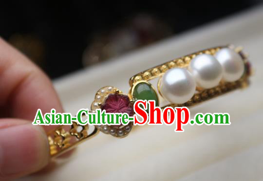China Traditional Qing Dynasty Tourmaline Pearls Bracelet Accessories Handmade Golden Bangle Jewelry China Traditional Qing Dynasty Tourmaline Pearls Bracelet Accessories Handmade Golden Bangle Jewelry