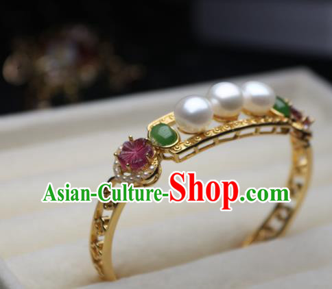 China Traditional Qing Dynasty Tourmaline Pearls Bracelet Accessories Handmade Golden Bangle Jewelry China Traditional Qing Dynasty Tourmaline Pearls Bracelet Accessories Handmade Golden Bangle Jewelry